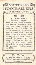 1933 Godfrey Phillips B.D.V. Victorian Footballers (A Series of 50) #38 Harry Vallence Back